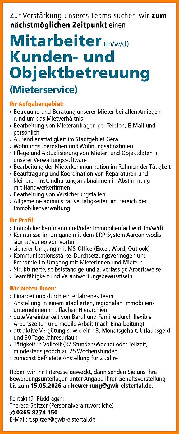 Stellenangebot Mitarbeiter Kunden- und Objektbetreuung (Mieterservice)