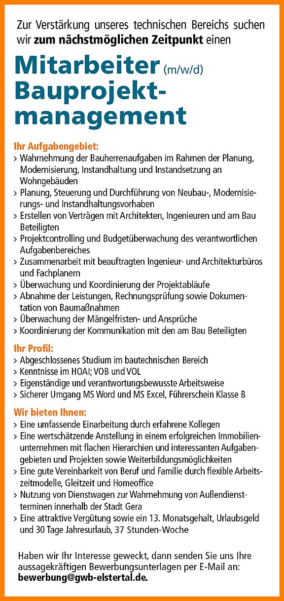 Stellenangebot Mitarbeiter Bauprojektmanagement